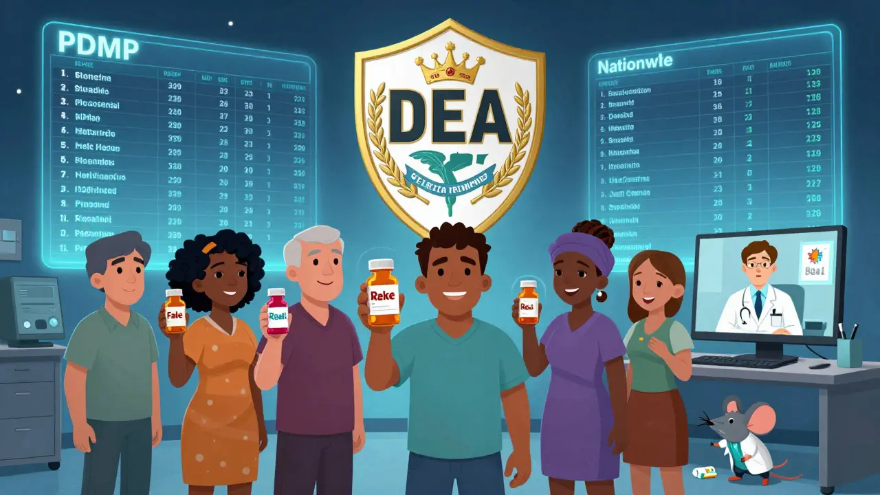Patients holding real and fake pills as a DEA badge shines above, with a telemedicine call and rogue rat fleeing.