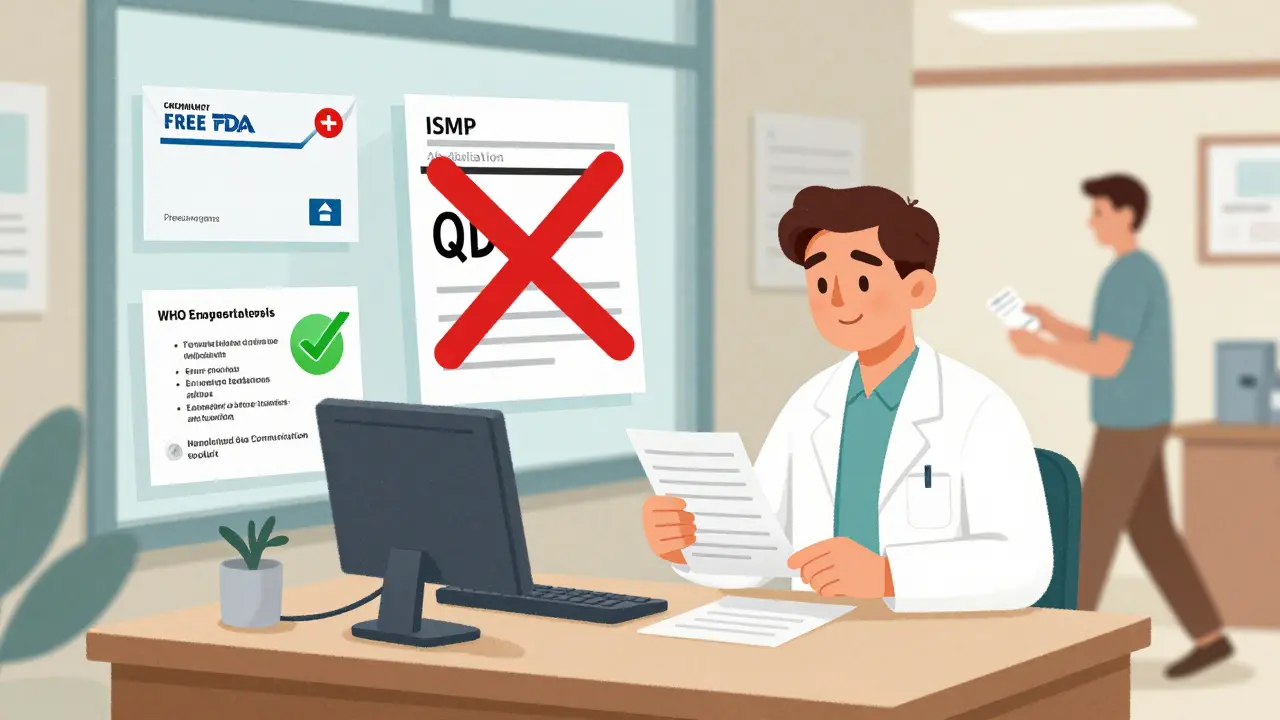 Pharmacist at a clinic surrounded by free safety resources, correcting a dangerous drug abbreviation.