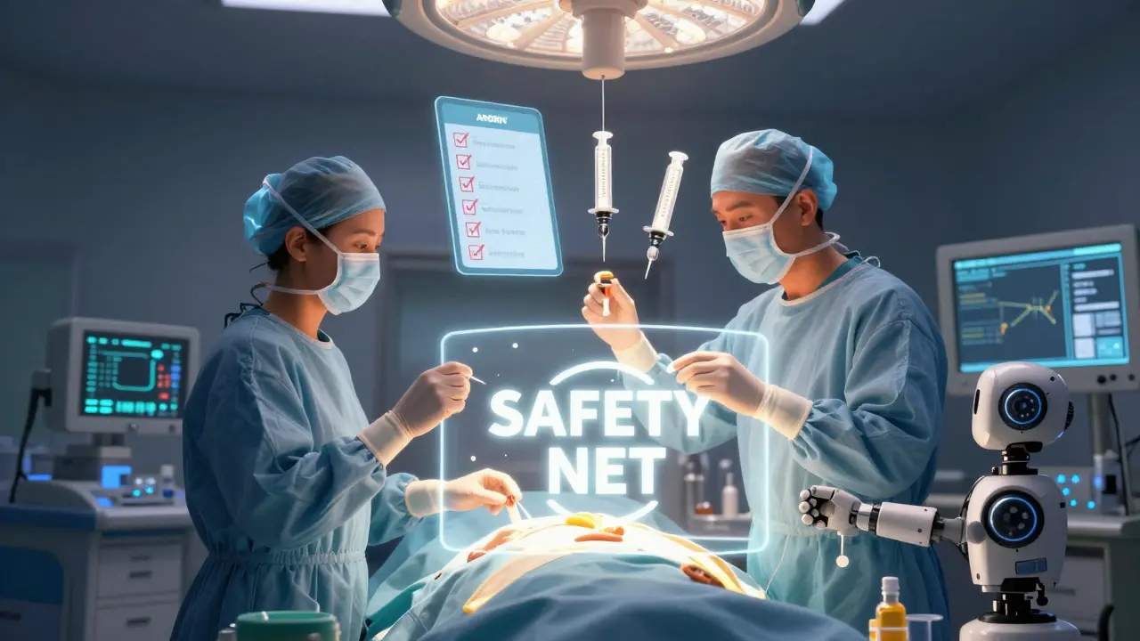 Surgical team using electronic labeling and a safety checklist during a medication double-check in an operating room.