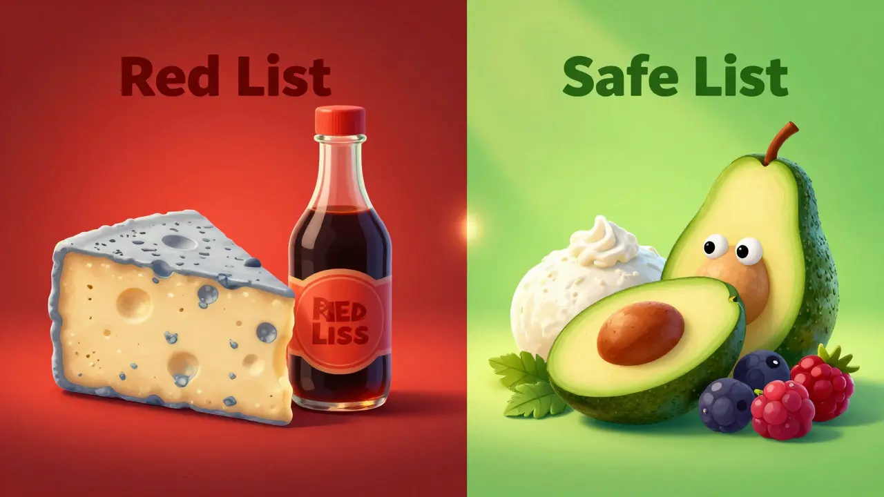 A comparison between high-tyramine foods in red light and fresh, safe foods in green light.