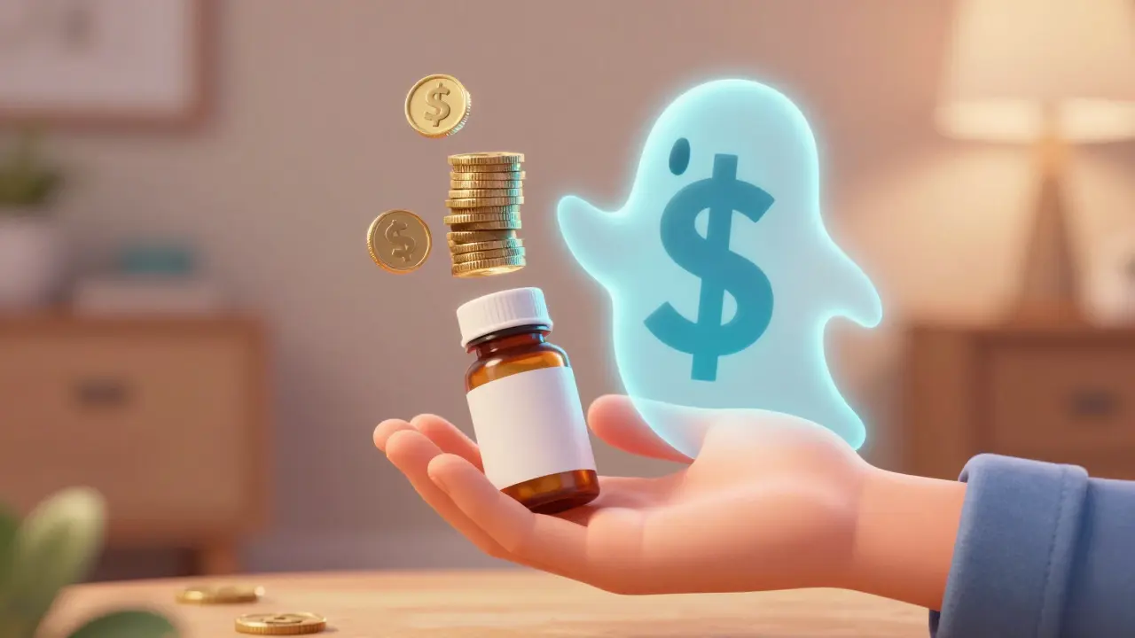 A hand holding a medication bottle with a floating symbol of money savings.