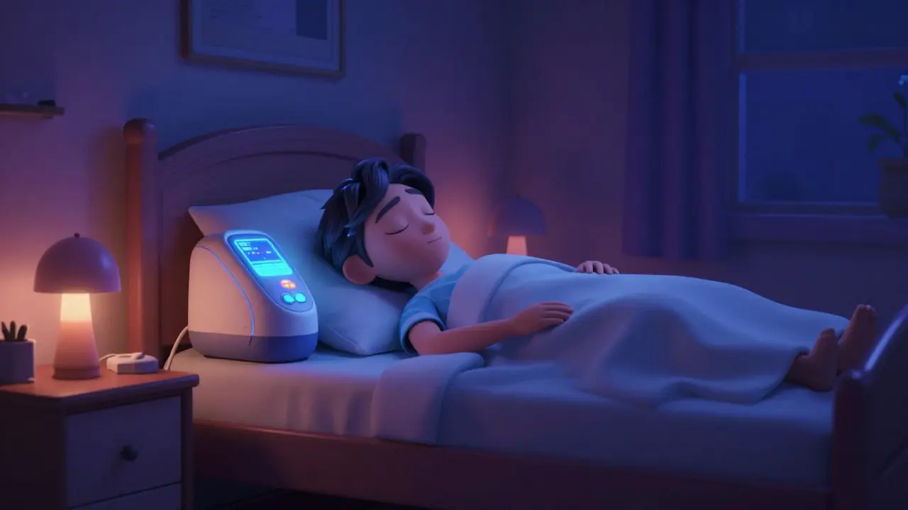 A patient sleeping peacefully next to an automated dialysis cycler machine at night in 3D animation style.