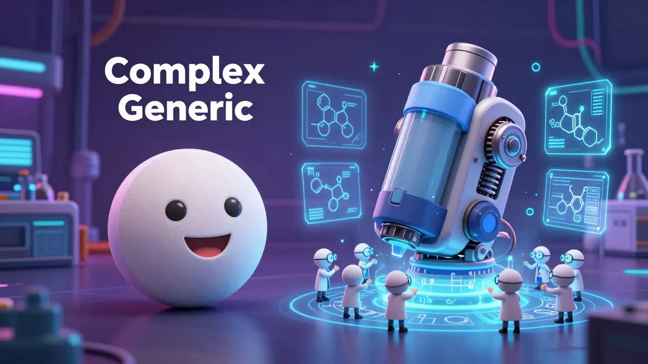 A simple pill compared to a complex, high-tech medical inhaler in a futuristic laboratory.