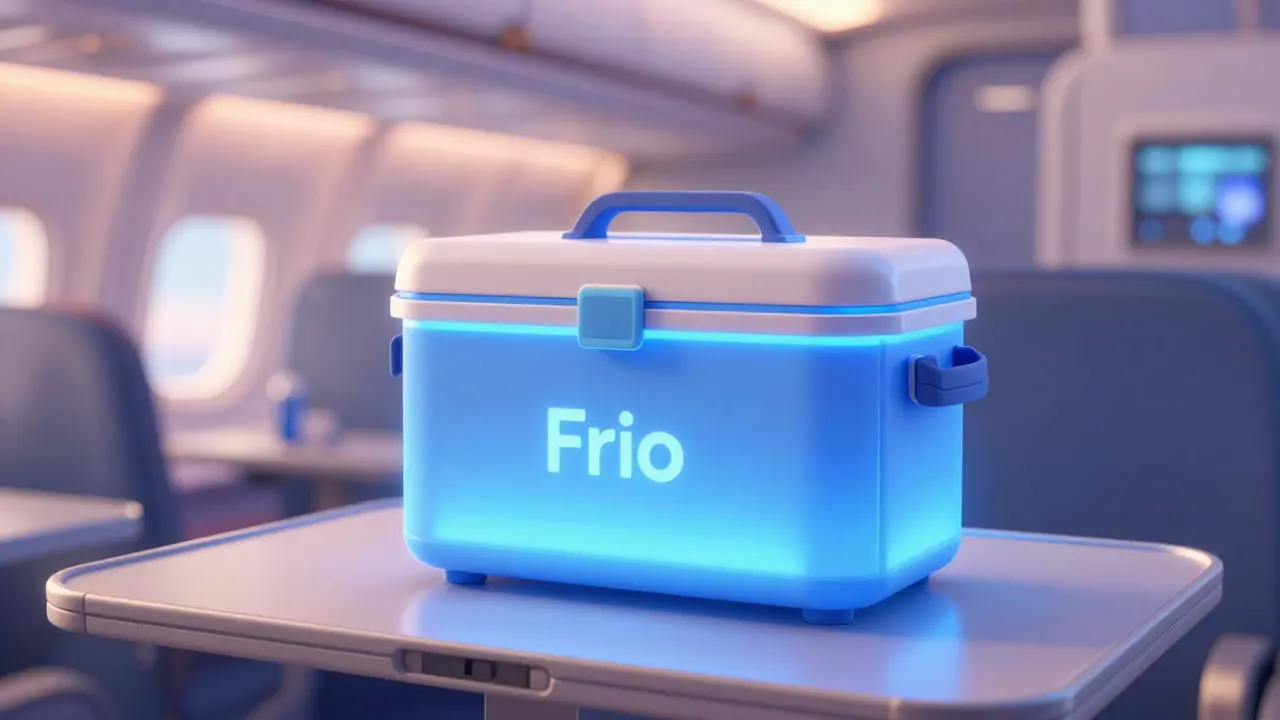 A specialized medical cooling wallet on an airplane tray table with a blue glow.