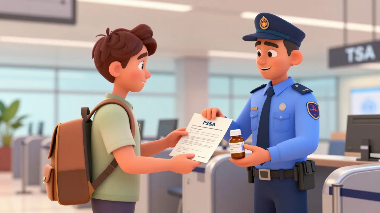 A traveler presenting a doctor's letter and medicine bottles to a TSA officer.