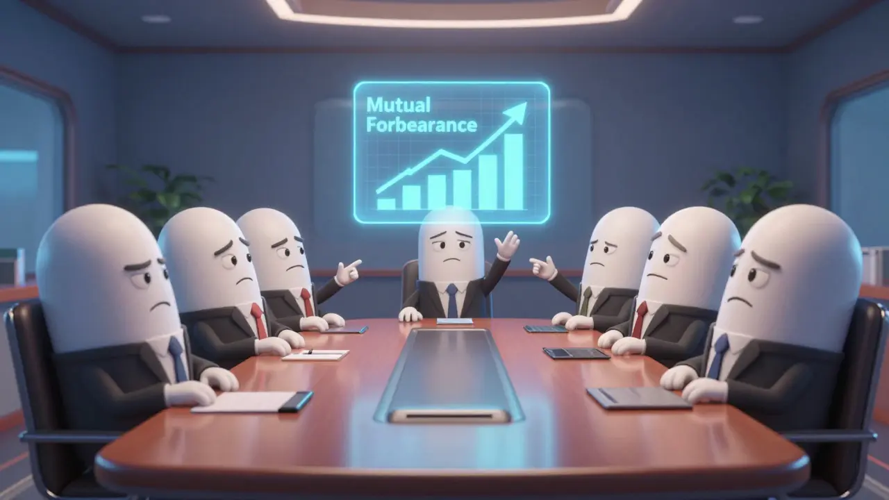 Business-suited generic pill characters agreeing to keep prices high in a corporate boardroom.