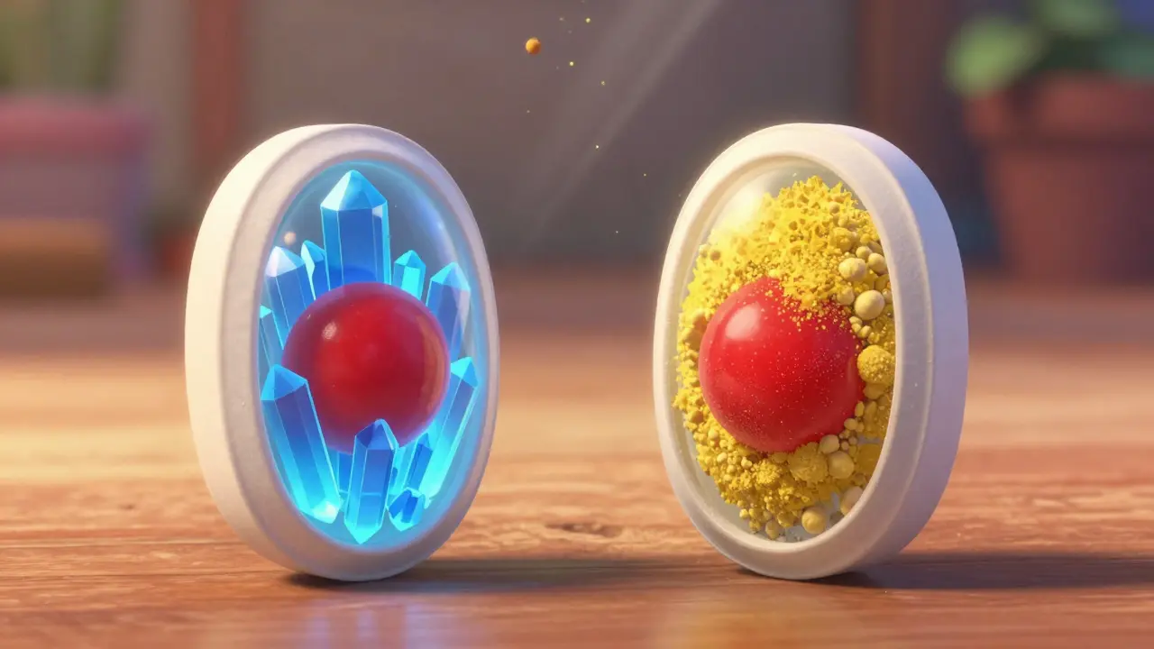 Close-up comparison of brand and generic pills revealing different fillers