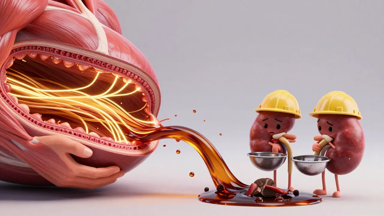 Conceptual 3D art of muscle fiber breakdown affecting the kidneys.