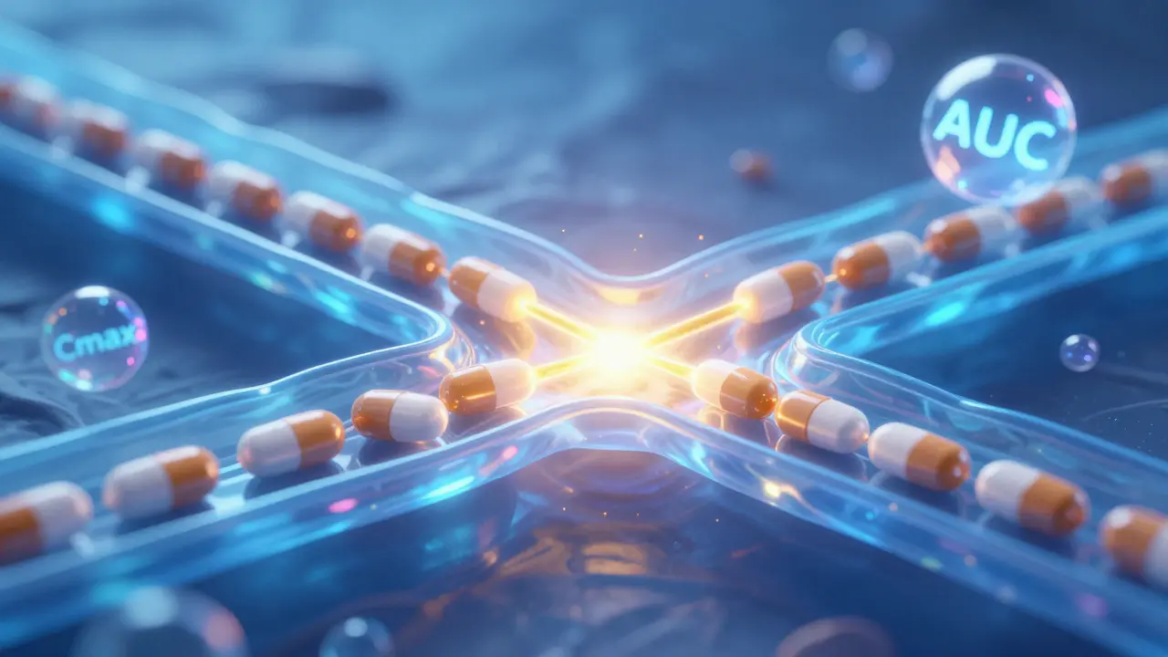 Conceptual visualization of medicine particles flowing identically through a bloodstream.