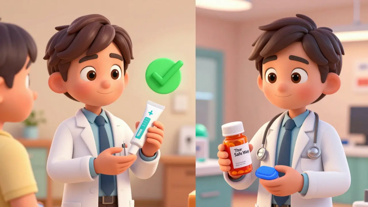 Doctor advising a patient to use topical cream or switch to a safer statin.