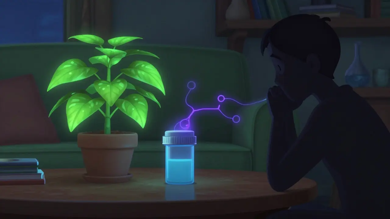 Herbal plant and prescription bottle connected by glowing energy lines