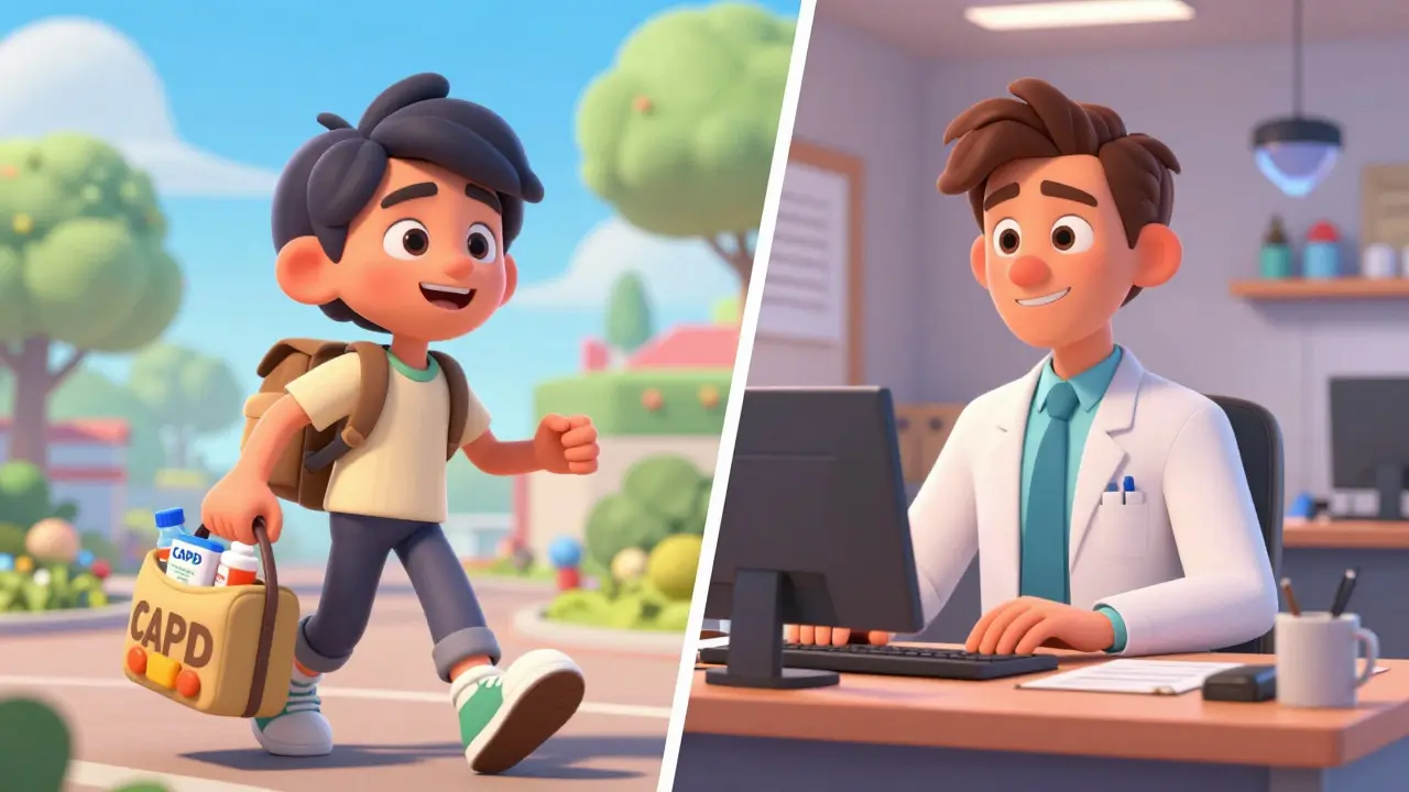 Split screen showing a traveler with manual supplies and a professional at work in 3D animation style.