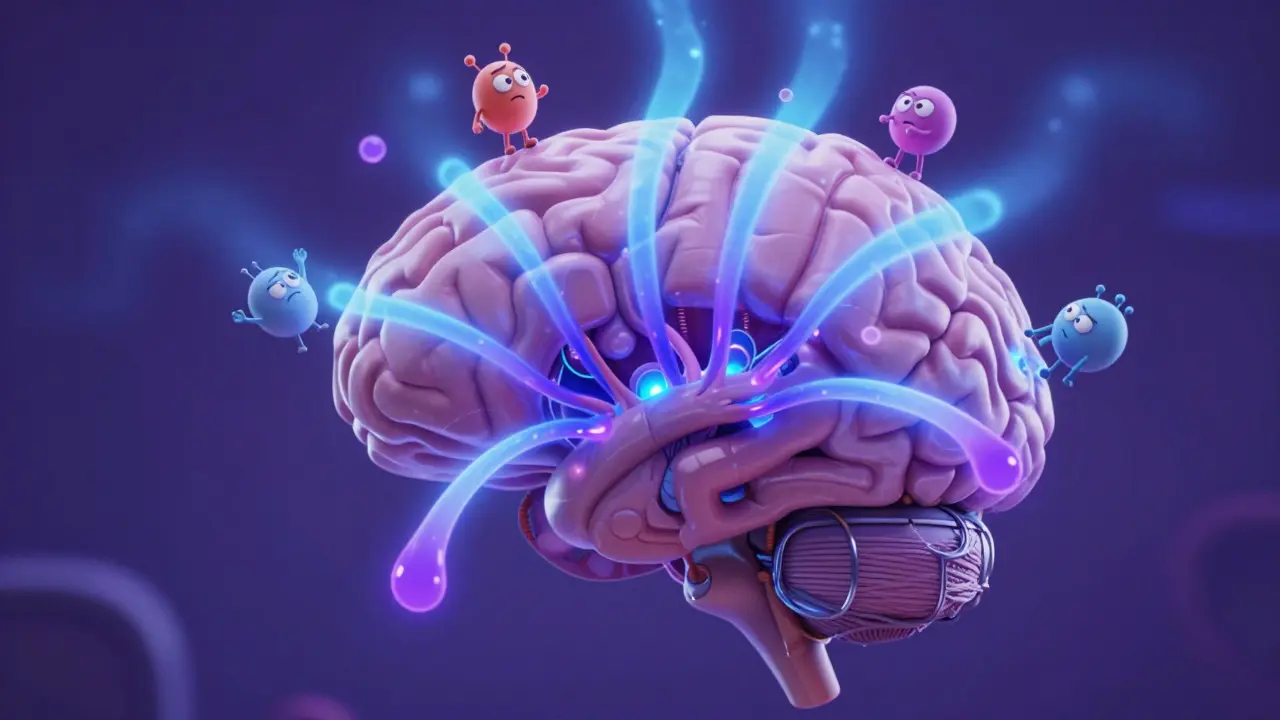 Stylized 3D brain control center with fluctuating glowing hormone streams