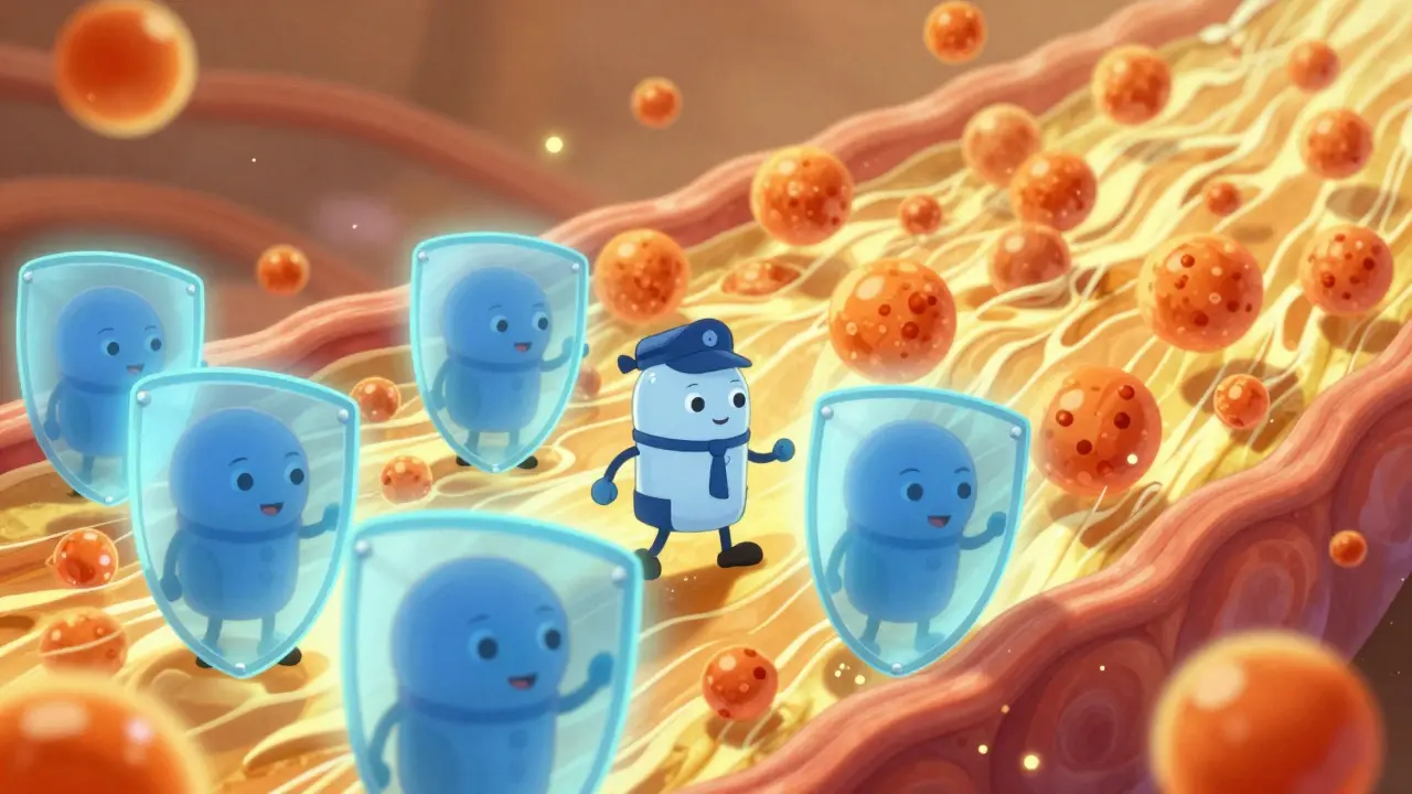 Stylized enzyme characters being blocked by medicine shields while orange molecules flood a bloodstream.