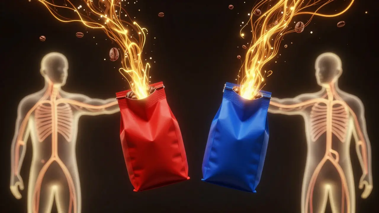 Two different colored coffee bags releasing identical golden energy into nervous systems.