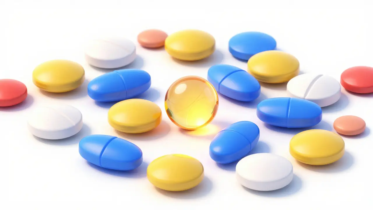 Various colorful pills of different shapes all sharing the same inner golden glow.